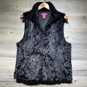 Betsey Johnson Faux Fur Vest Black Sequins Women’s XL Pockets Sparkle Mob Wife